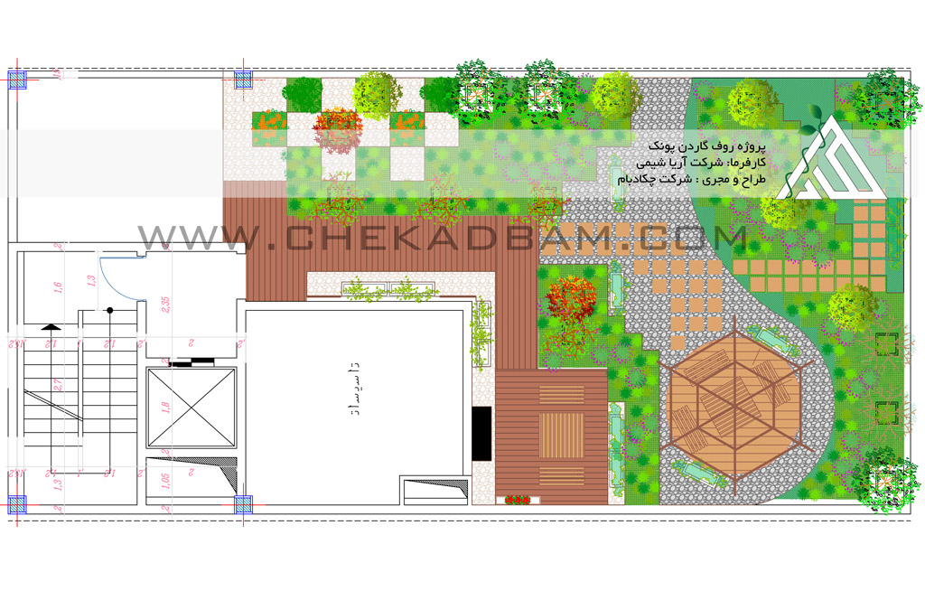 پلان دو بعدی روف گاردن پشت بام سبز چکادبام پونک تهران آلاچیق green roof garden 2d plan cad poonak tehran