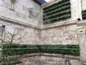 طراحی تراس تالار پذیرایی تهرانپارس چتر آفتابی دیوار سبز مدولار فلاورباکس آلاچیق  